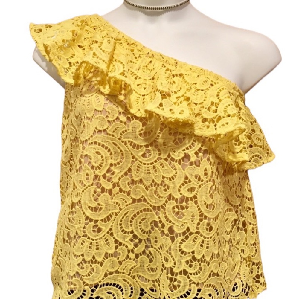 Blu Pepper Yellow Ruffle Floral Lace One Shoulder Top Small